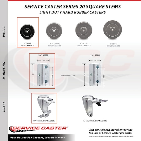 Service Caster 3 Inch Hard Rubber Wheel Swivel 3/4 Inch Square Stem Caster with Brake SCC SCC-SQ20S314-HRS-TLB-34